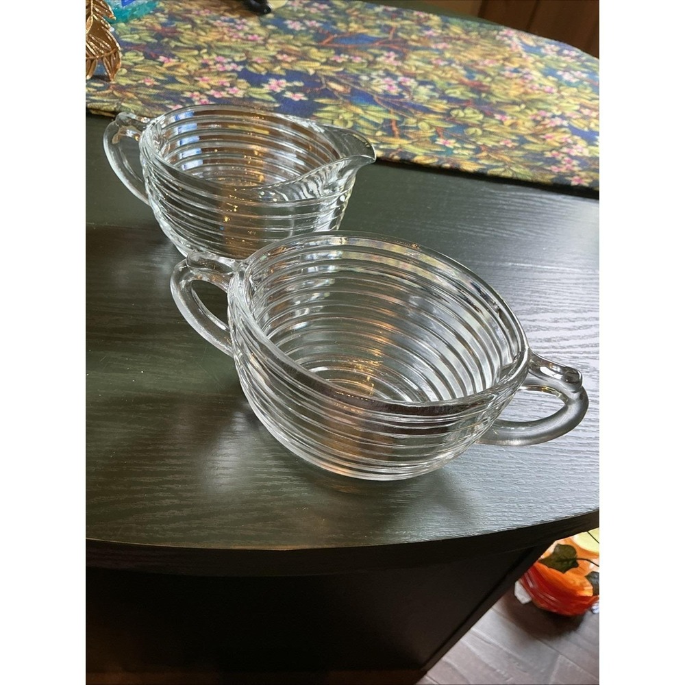 Vintage Anchor Hocking Manhattan Creamer & Open Sugar Set Clear, Ribbed